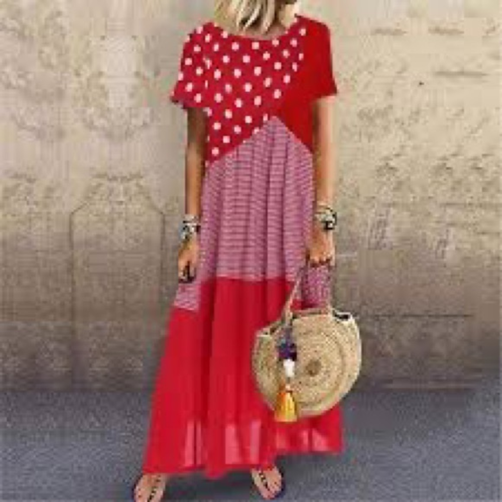 Maxi Dresses Bohemian Short Sleeves Split Color Long Dress‎ Size Large